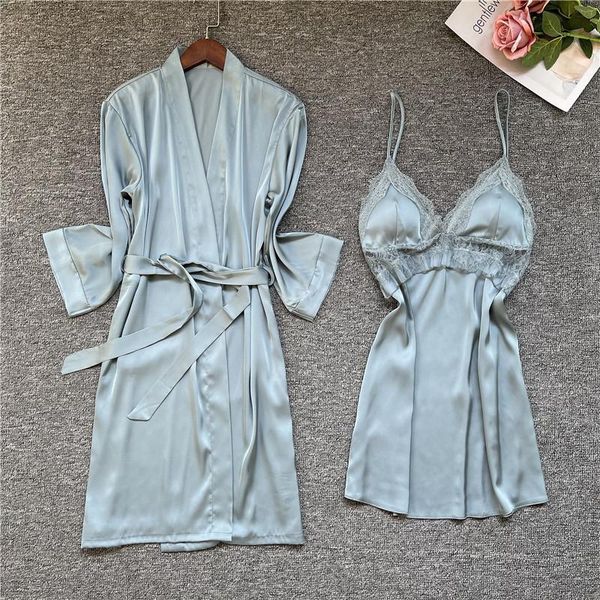 

women's sleepwear v-neck robe suit satin silky nighty&robe set women solid 2pcs female kimono gown lace trim sleep homewear, Black;red