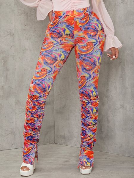 

sxy marble print high waist slit hem pants k571#, Black;white