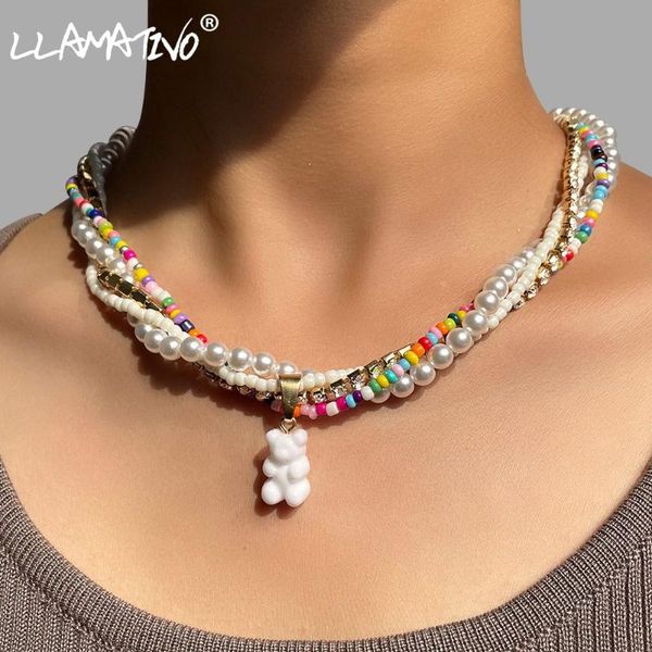 

chains 4pcs/set multi-layer gummy bear pearl beaded necklace for women colorful beads strand crystal tennis chain necklaces y2k jewelry, Silver