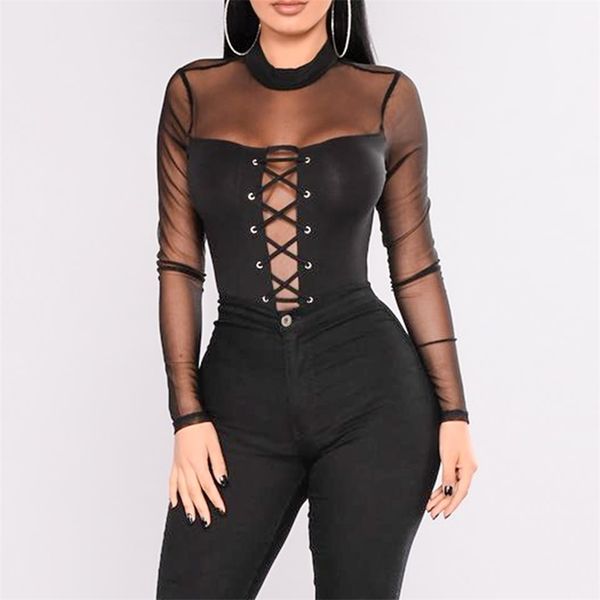 

black sheer bodysuits women body bandage patchwork mesh long sleeve hollow out skinny summer female going bodysuit 210517, Black;white