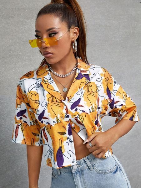 

figure print button front blouse h9x7#, White