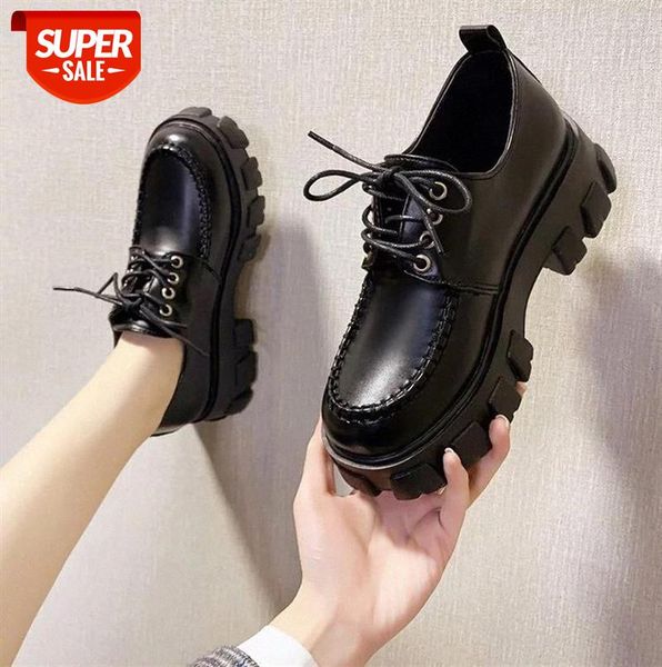 

2021 women platform flats heel shoes lace up fashion pu leather female black basic zapatos mujer #ge8a