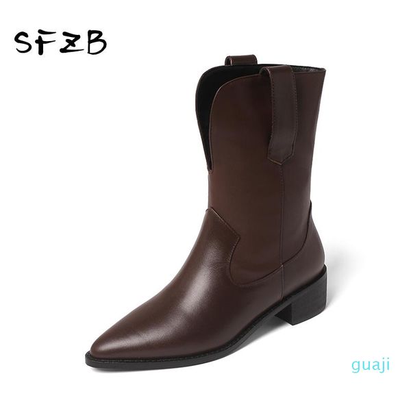 

boots genuine leather autumn winter women ankle concise office lady casual high heels shoes woman side, Black