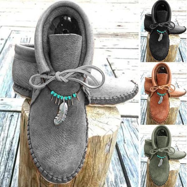 

boots spring winter women's ladies fashion casual warm lace up short ankle flat leather shoes folk-custom lady c2a5, Black