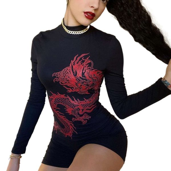 

2020 autumn dragon totem chinese style long sleeve dress with buttocks, Black;gray