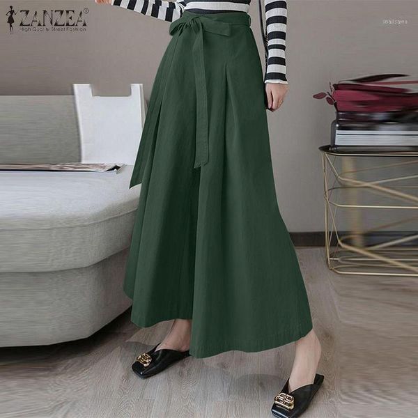 

elegant women high waist solid wide leg pants 2021 zanzea spring trousers female office lace up flare pantalon loose palazzo 5xl women', Black;white