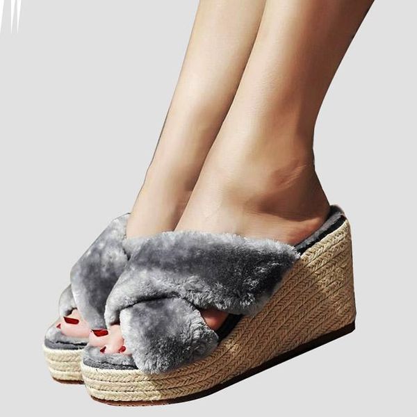 

wedges slides women high heel slipper sandals platform casual outdoor peep toe comfortable pumps plush fur slippers, Black