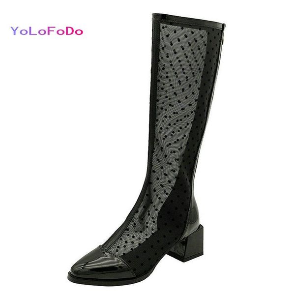 

boots 2021 summer women knee high patent pu leather mesh zipper pointed toe ladies calf square heel shoe, Black