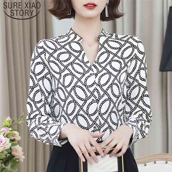 

v-neck office lady blouse korean style women fashion long sleeve print shirt spring arrival 8214 50 210506, White