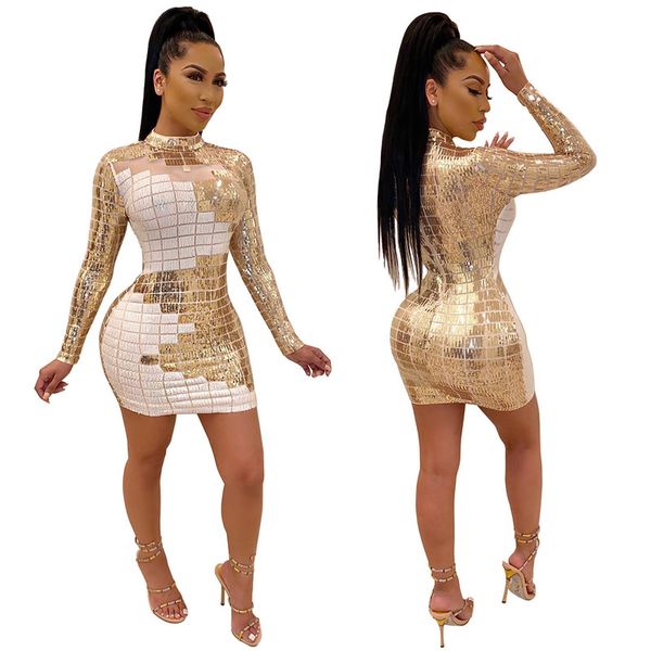 

2021spring 2021 new sequin dress europe and america womens long sleeve dress net gauze white black sequin dress, Black;gray