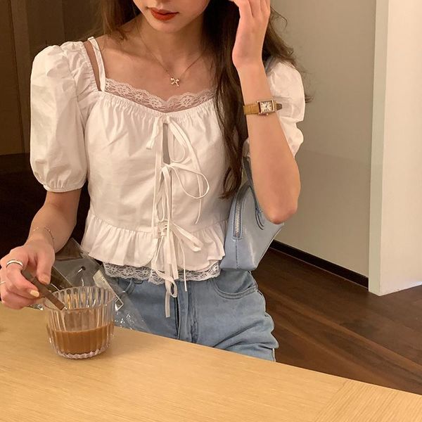 

women's blouses & shirts pure white shirt korean version square neck stitching lace tie small suspender two 2021
