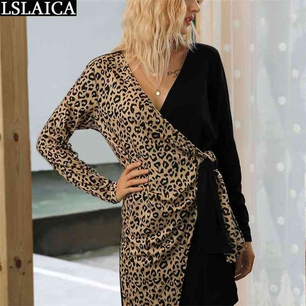 

dresses long sleeve leopard print patchwork for women casual criss-cross bandage v-neck dress vestido de mulher 210515, Black;gray