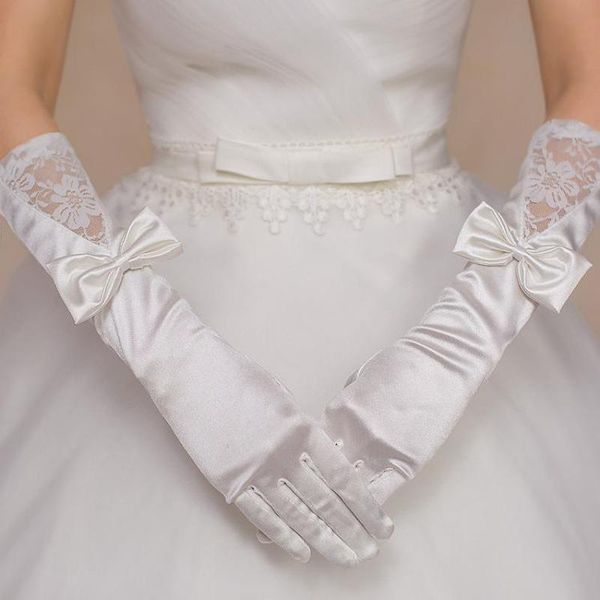 

bridal gloves wedding accessoire 2021 white lace long satin full fingers with bow luva de noiva