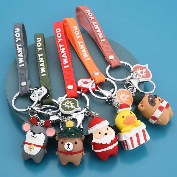 Santa Claus Elk Snowman Christmas Tree Keychain Cute PVC Cartoon Doll Key Chain Key Ring New Year Decor Kids Xmas Trinket Gift G1019