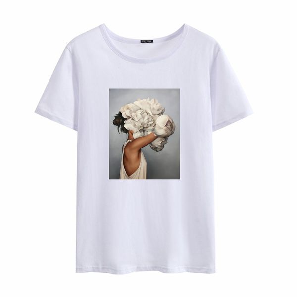 

women's t-shirt fashion art flower patten t-shirts for women letter print t shirt short sleeve plus size female tees tsh, White