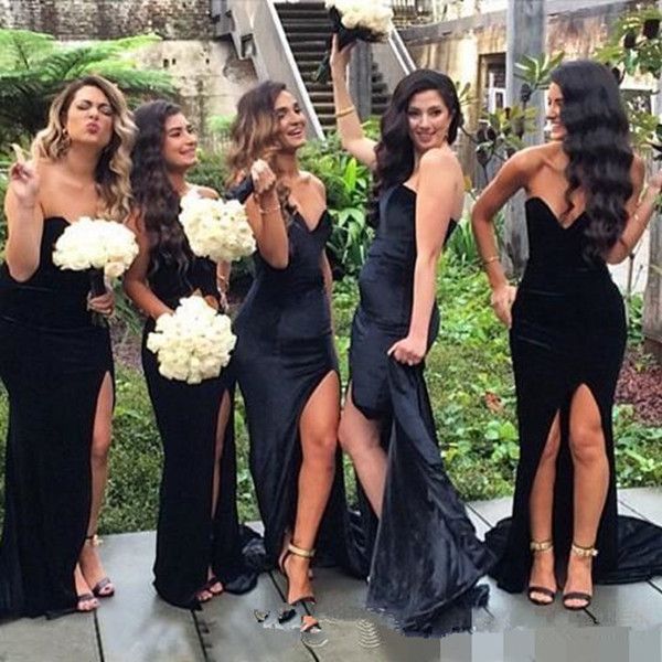 Mais novo sexy sweetheart preto veludo longo vestidos de dama de honra sereia dividida casamento festa de casamento de honra vestidos de noite