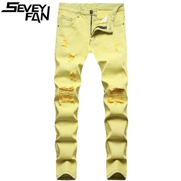

men's jeans seveyfan fashion skinny ripped yellow stretch hole denim pants urban trendy for male, Blue
