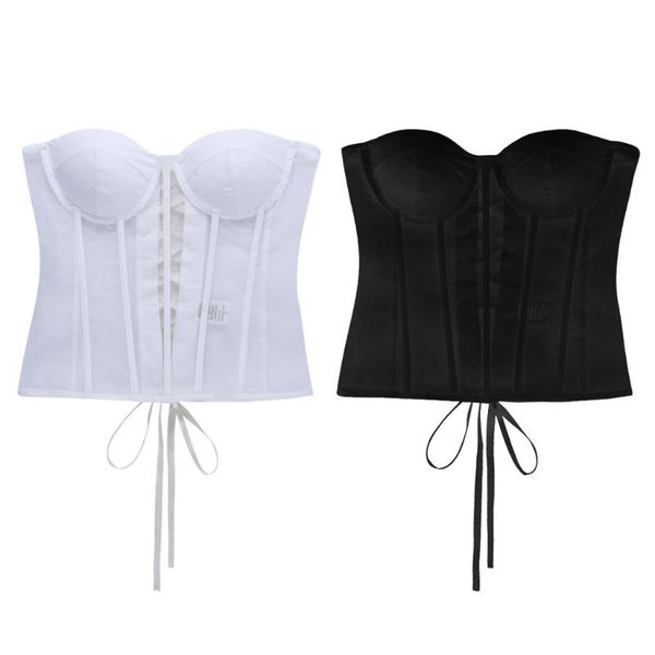 

belts women sheer mesh patchwork bustier corset vintage strapless lace-up back overbust waist cincher body shaper top, Black;brown
