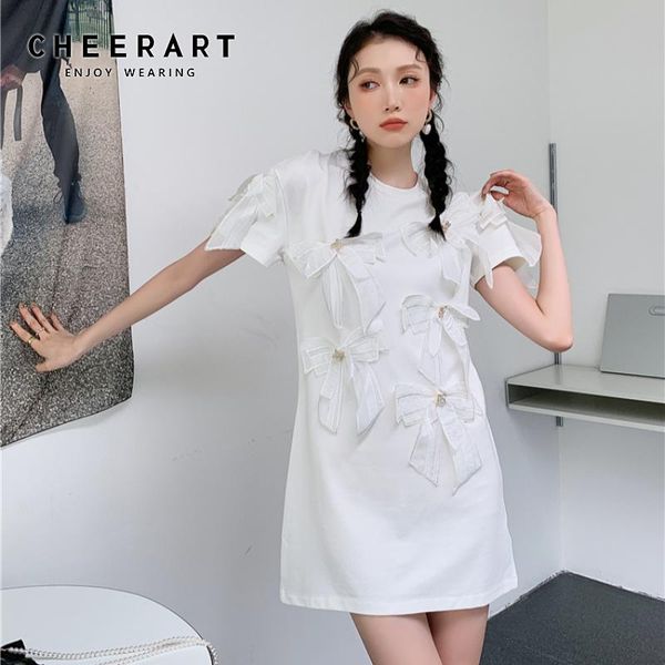 

party dresses cheerart white bow t shirt dress women summer korean fashion short sleeve kawaii cute mini 2021 mori girl clothing, White;black
