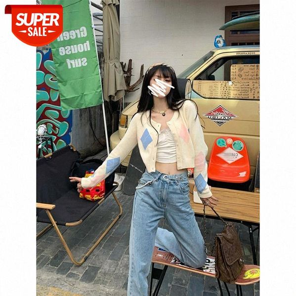 

american ambiguous honey blue powder and fine rhombic college knit cardigan long-sleeved #nd5f, White