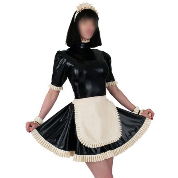 Plus Size Bonito Lolita Ruffle Dress Cosplay Terno Com Avental Pulseira Mulheres Garçonete Festa Festa Fato PVC Vestido Fantasia