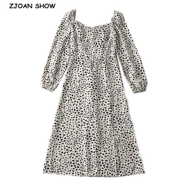 

casual dresses 2021 vintage french style long sleeve leopard print women dress square collar hem slit midi beach holiday kfb6, Black;gray