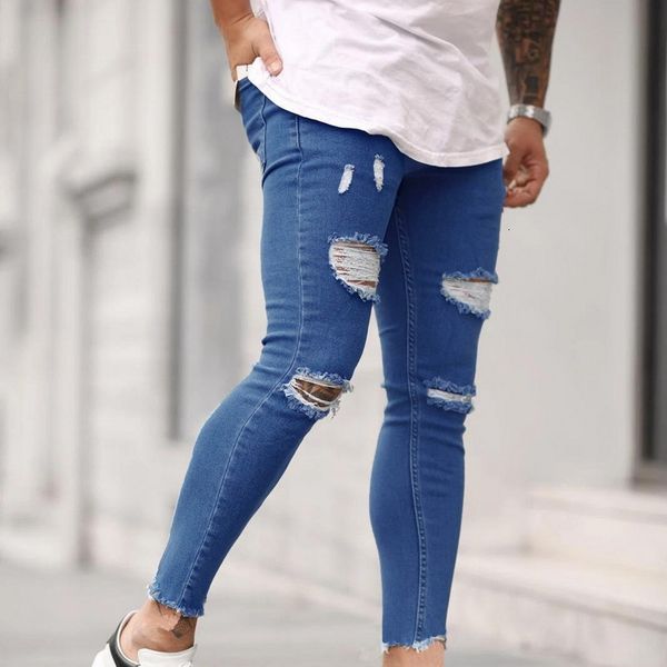 

men's jeans mens skinny stretchy denim pants streetwear straight leg hip hop trouser hole ripped distressed n7qb, Blue