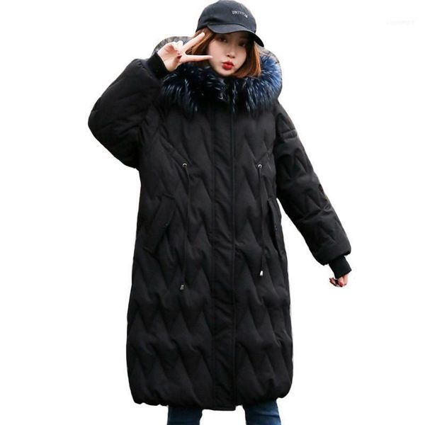

arrival 2021 women winter down jacket warm thicken with hood fur collar female long parka oversize chaqueta mujer invierno1, Black