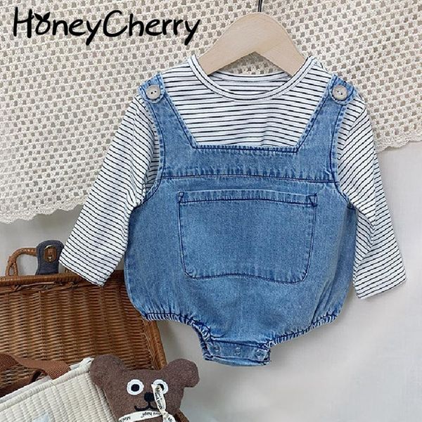 

baby spring 2021 romper set stripe t - shirt denim girl outfit clothing sets, White