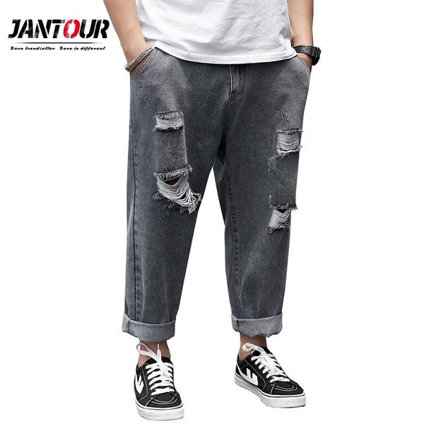

men's jeans retro harajuku straight baggy denim holetrouser male casual trendy streetwear ankle-length pants wide-leg hip, Blue