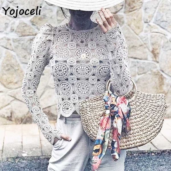 

yojoceli summer lace crochet blouses shirt hollow out flower blusas streetwear 210609, White