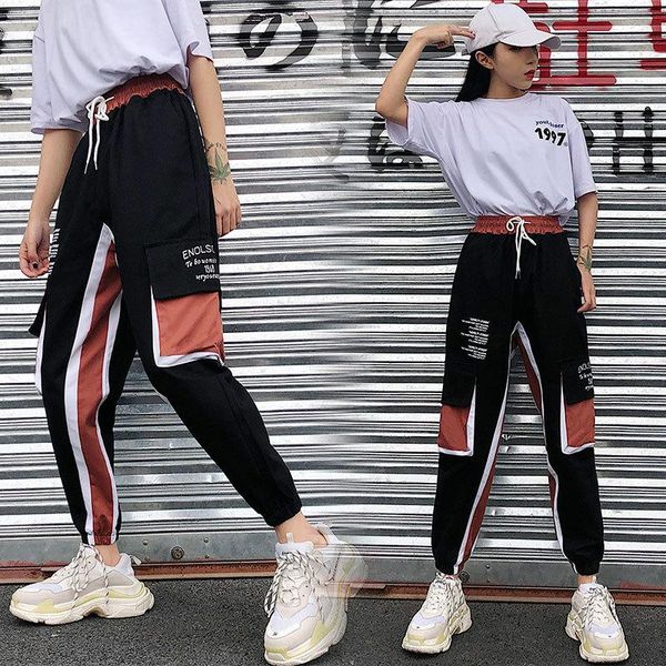 

big pockets cargo pants women high waist loose streetwear baggy tactical trouser hip hop quality joggers men's, Black
