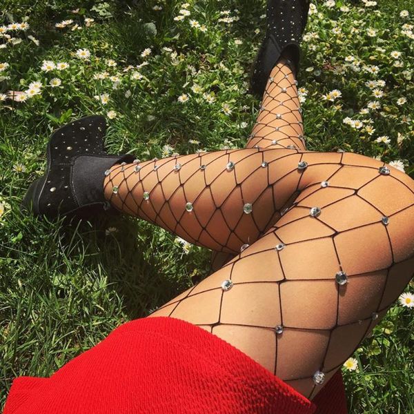 

socks & hosiery female long knee sock fashion net fishnet stockings diamonds tights mesh for women ladies 2021, Black;white