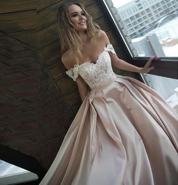 

off shoulder champagne wedding dresses long country bridal gowns with detachable overskirt a-line lace appliqued bride dress custom made siz, White