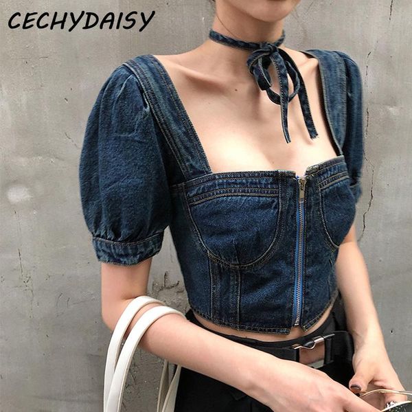 

women's blouses & shirts vintage blouse women square collar puff sleeve tie front crop casual blue jean shirt korean style clothes blu, White