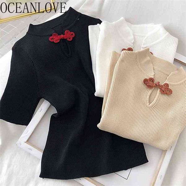 

oceanlove knitted t shirt women solid chinese style vintage fashion ropa mujer summer tee elegant t-shirt 17006 210623, White