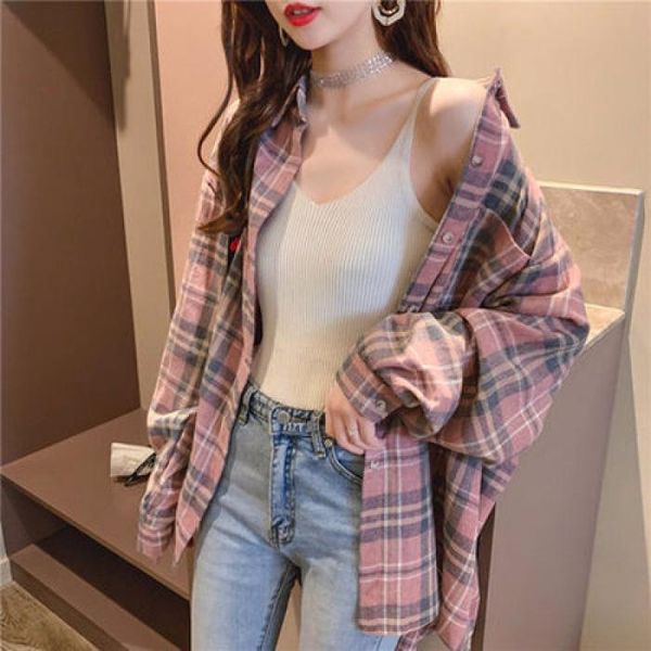 

women's t-shirt 2021 spring and autumn korean style thin plaid printing design sense retro hong kong lapel long sleeve shirt women, White