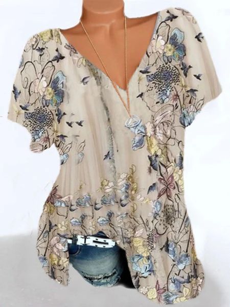 

2021 women's v-neck flower bird print comfortable large loose t-shirt, White