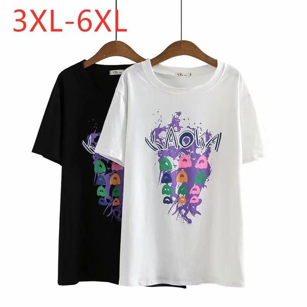 

plus size t-shirt 2021 ladies summer for women large short sleeve loose cotton white black print o-neck 3xl 4xl 5xl 6xl