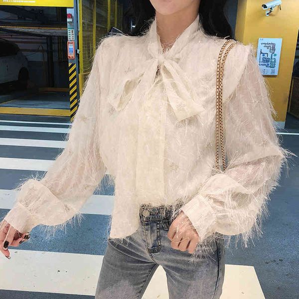 

women bow neck long sleeve lace shirt chiffon tassel embroidery stars blouses see through shirt 71g 210420, White