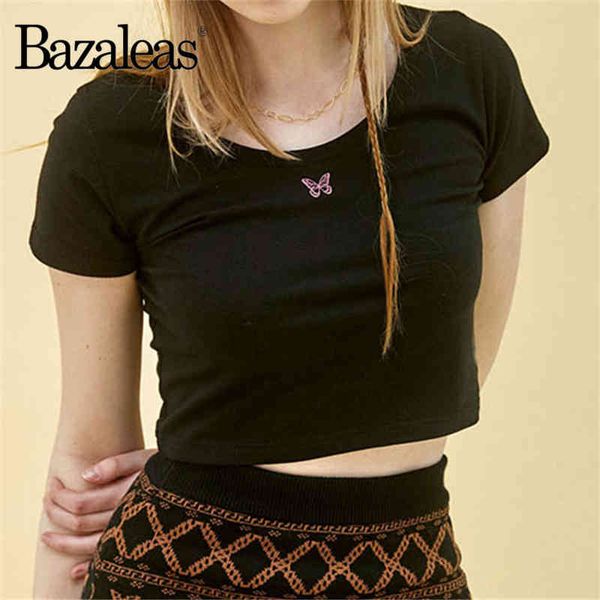 

women's t-shirt bazaleas fashion butterfly embroidery crop harajuku black cropped t shirt cute women t-shirt gothic women tshi, White