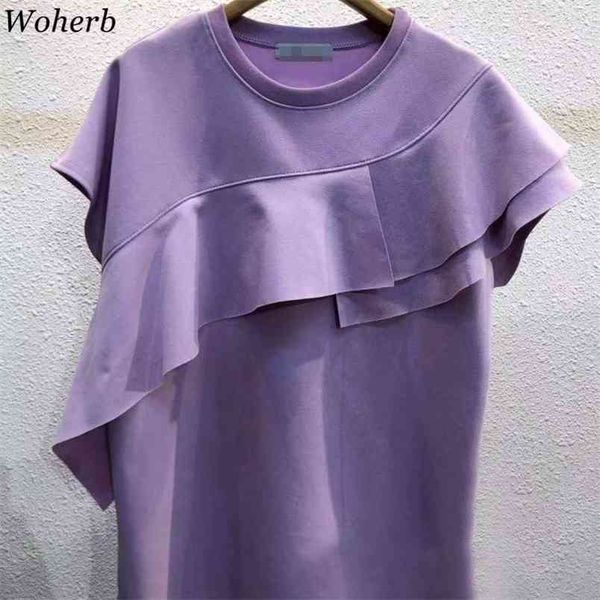

korean loose casual ruffles short sleeve t-shirts women elegant candy color summer solid tshirt fashion lady tees 210519, White