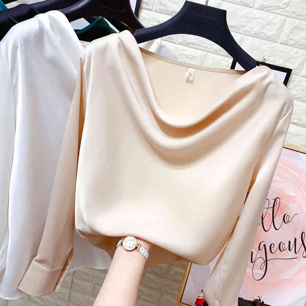 

women's t-shirt slash neck white satin blouse ol long sleeve chiffon shirt fashion elegant 2021 spring arrival 6ony