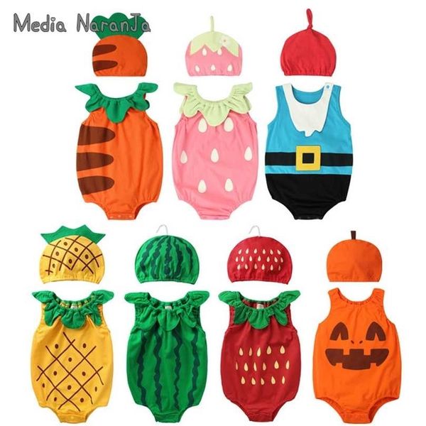 Bebê do verão meninos meninas unisex tipo chapéu de frutas com bodysuit criança criança algodão cute jumpsuit pography outfits 211101