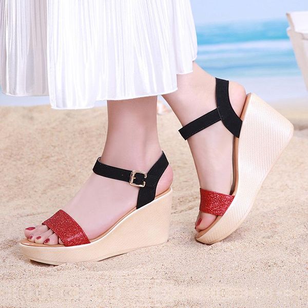 

wedge sandals female 2021 summer muffin platform waterproof comfortable 40-43 yards open toe high heel, Black