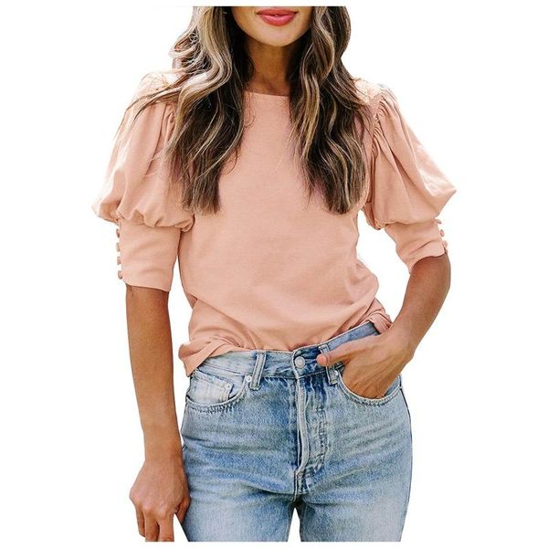 

women's blouses & shirts 2021 summer loose puff sleeve shirt elegant women casual round neck solid color lady short blouse pullover, White
