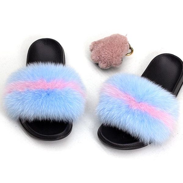 

women's summer fur slippers real slides female indoor flip flops casual raccon sandals furry fluffy plush shoes, Black