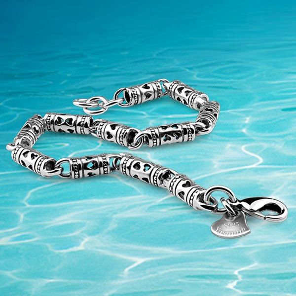 

fashion vintage 925 sterling silver round cylindrical chain men bracelets. hollow cylinder bamboo bracelets siver accessories link,, Black
