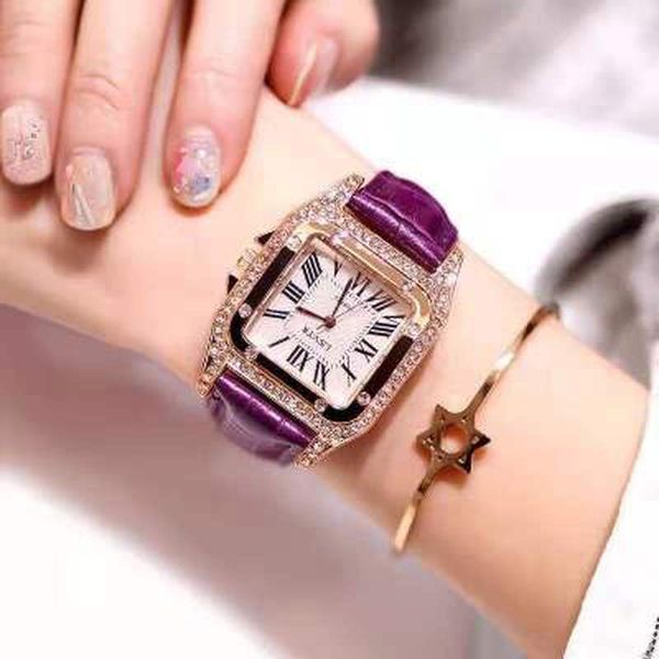 

women watches luxury fashoin brand quartz movement leather strap suqare case with diamond iced out designer watch women clock