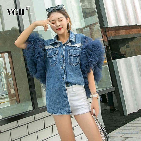

vgh patchwork mesh diamond jacket for women lapel sleeveless casual streetwear denim jackets female fashion new clothing spring 210421, Black;brown